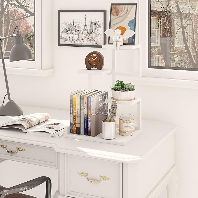 YMYNY Desktop Shelf Organizer, 4 Tier Storage Display Rack, Desk Shelf Organizer Small Bookshelf with Metal Frame for Office, Books, Plants, 12.2" x 9.45" x 17.52", White UHSR007W