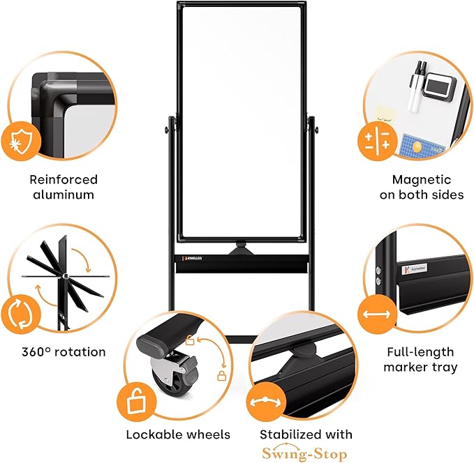 Rolling Dry Erase Board 24 x 48 - Large Portable Magnetic Whiteboard with Stand - Double Sided Easel Style Whiteboard with Wheels - Mobile Standing White Board for Office, Classroom & Home
