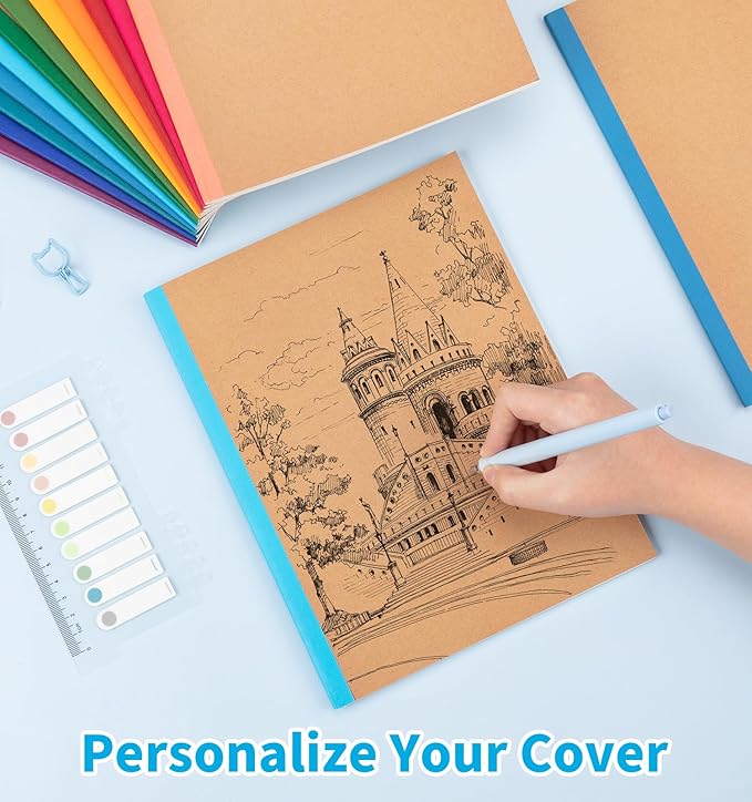 24 Pack Lined Notebook Journals Bulk, 7-1/2" x 9-3/4", Wide Ruled Paper, 30 Sheets/60 Pages, Kraft Cover with Rainbow Spines, 12 Colors Lined Composition Notebook Journal for Work Study Note Taking