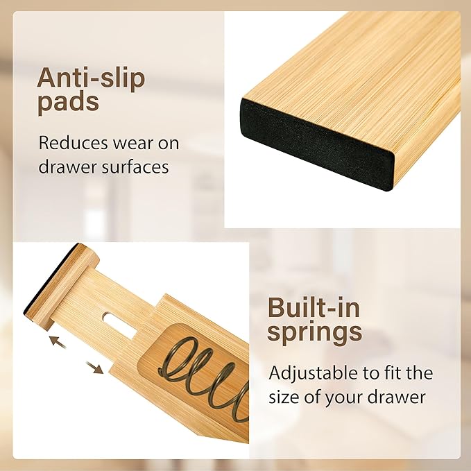 Bamboo Drawer Divider Set of 8, Adjustable Spring-Loaded Drawer Organizer (16.9"-22.2"), 2.3" Height, Suitable for Kitchen, Desk, Bathroom, Clothing, and Miscellaneous Drawer Organization, Natural