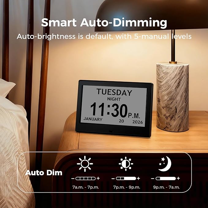 7'' Digital Clock, Dementia Clock With Date And Time, 10 Reminders, 6 Alarms, Auto-Dimming, Auto DST, Remote Control, Large Display Alarm Clock For Seniors, Gifts For People With Dementia, Alzheimers