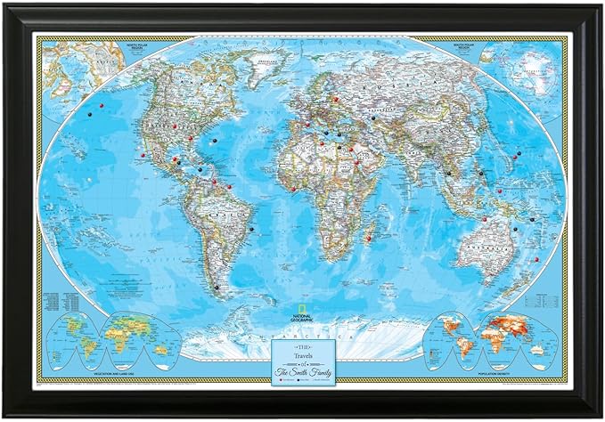 Canvas Classic World Map Pin Board – Framed Travel Map with Pins for Wall – Personalized Push Pin World Map for Tracking Journeys – 27.5" x 39.5" Black Frame