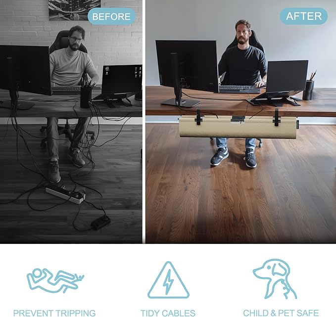 2-in-1 Under Desk Cable Management Tray & Privacy Panel, Dual-Sided Felt Cord Organizer to Hide Wires and Clutter, Desk Mount Cord Holder for Office and Home, Clamp or Screw Mount (Khaki/Gray, 30")