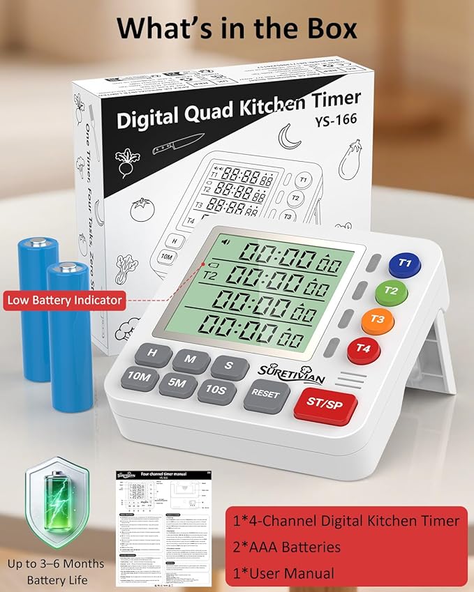 Digital Kitchen Timer for Cooking - 4 Channel Count Up Countdown Timer with Loud Alarm and Silent Mode, Large Display, Magnetic Back, Auto Memory for Classroom Study Gym, Battery Included (White)