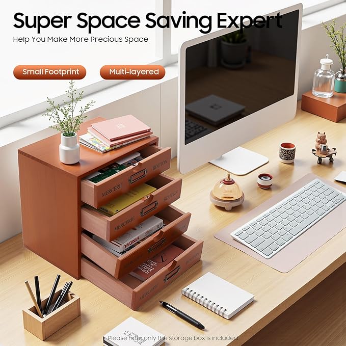 Stackable Wooden Desk Organizer with 4 Drawers Retro Brown Modular Storage Boxes for Home Office, Makeup, Stationery - No Assembly Required