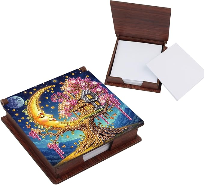 Moon Diamond Painting Kit Note Box,Memo Paper Storage Box Diamond Art,Sticky Note Holder Diamond Art,Diamond Painting Memo Pad For Office Desk. (Moon)