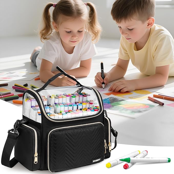 Large Marker Organizer Case for 200-300 Markers,Travel Marker Storage Bag with Dividers and 4 Pockets,Marker Organizer Holder for Paint Brushes,Colored Pencils and Other Art Supplies,Bag Only,Black
