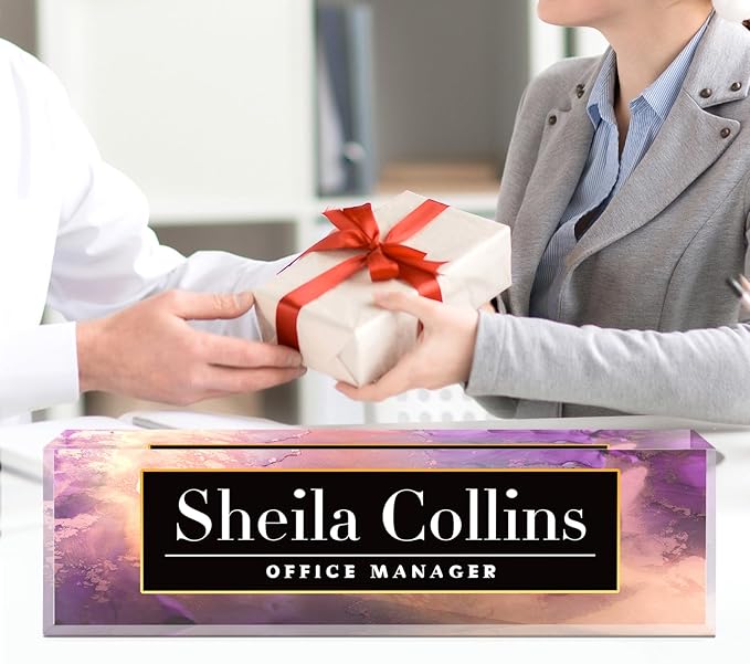 Custom Acrylic Name Plate for Desk, Employee Appreciation Gifts, Office Decor, Personalized, Funny Gifts for Coworkers Boss Teacher (Purple/Gold)