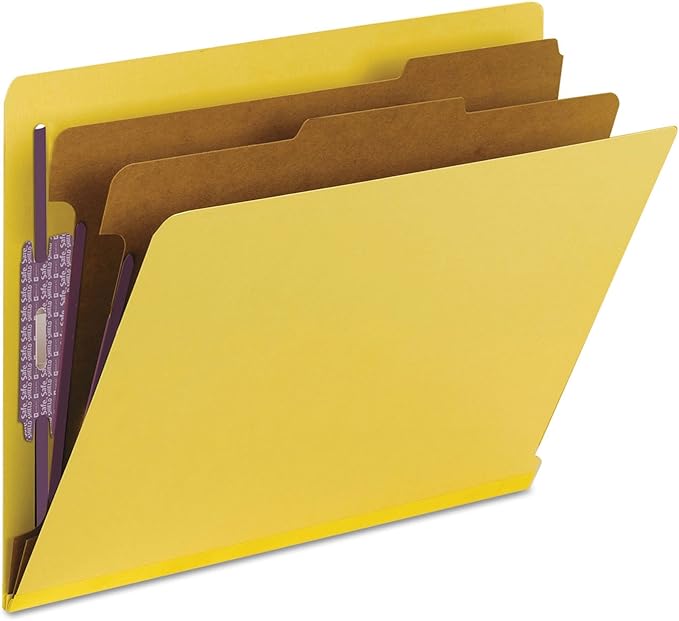Smead 100% Recycled End Tab Pressboard Classification File Folder with SafeSHIELD Fasteners, 2 Dividers, 2" Expansion, Letter Size, Yellow, 10 per Box (26789)