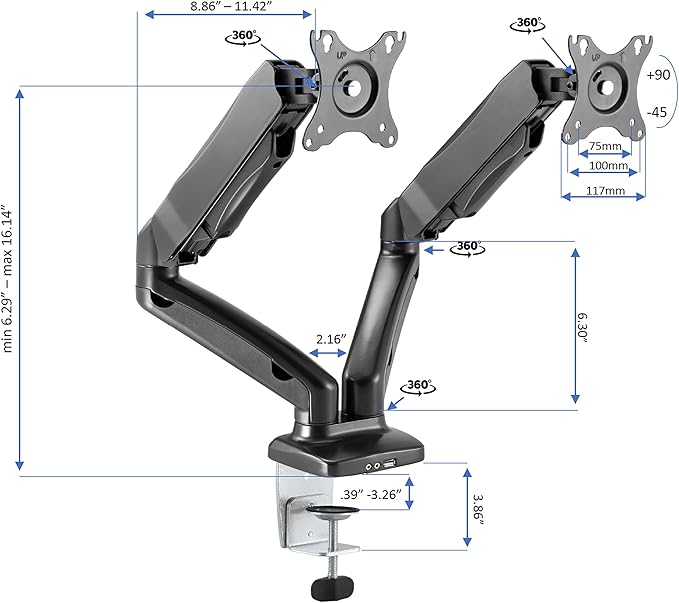 Rocelco 46" Electric Standing Desk Converter with AC Outlet USB Charger and Dual Monitor Arm Mount - Motorized Adjustable Sit Stand Riser - Tabletop Workstation Keyboard Tray - Black (R EDRB-46-MA2)