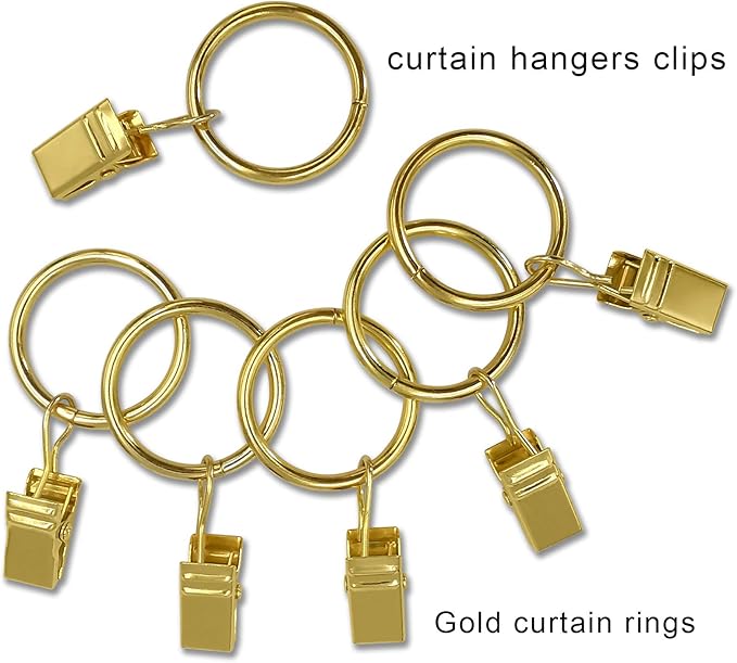 LLPJS 100 Pack Curtain Rings with Clips, Curtain Clip Rings Hooks, Bow Hanger Clips for Hanging Drapery Drapes Bows, Ring 1 inch Interior Diameter, Fits up to 5/8" Rod, Gold