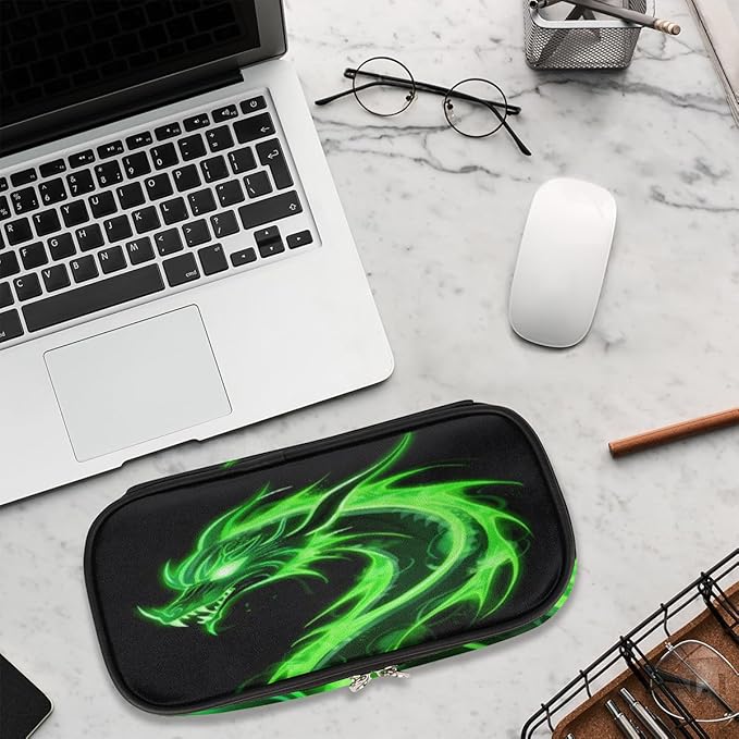 Pardick Pencil Case for Girls Boys Green Dragon Pencil Pouch Kids Teen Pencil Bags with Zipper PU Leather Pencil Organizer School Pencil Box Marker Case Organizer