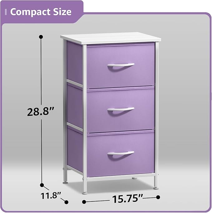 Sorbus Nightstand with 3 Drawers - Bedside Furniture & Accent End Table Chest for Home, Bedroom Accessories, Office, College Dorm, Steel Frame, Wood Top, Pastel Fabric Bins (Purple)