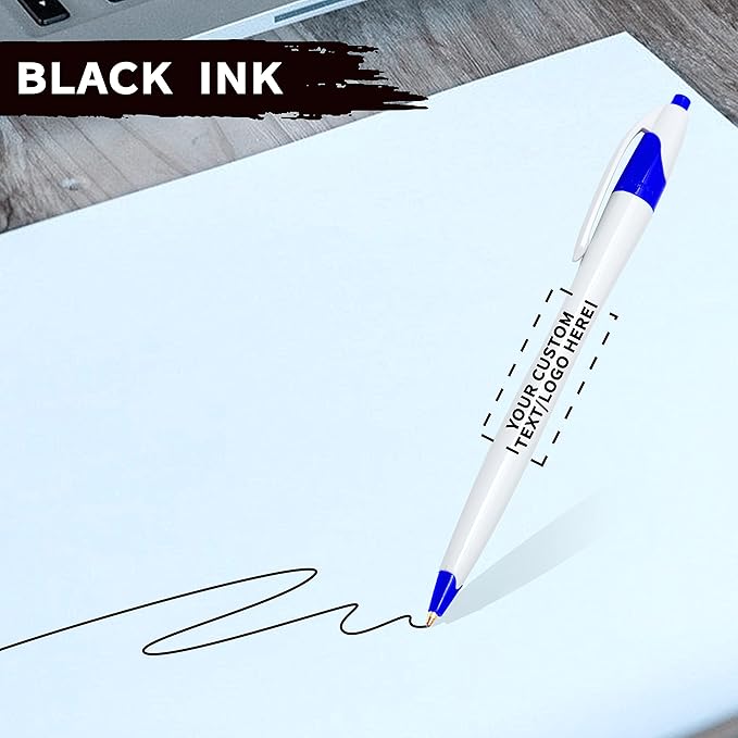 DISCOUNT PROMOS Custom Slim Curvy Ballpoint Pens Set of 10, Personalized Bulk Pack - Black Ink, Retractable, Great for Office, School, Tradeshows - Blue Black