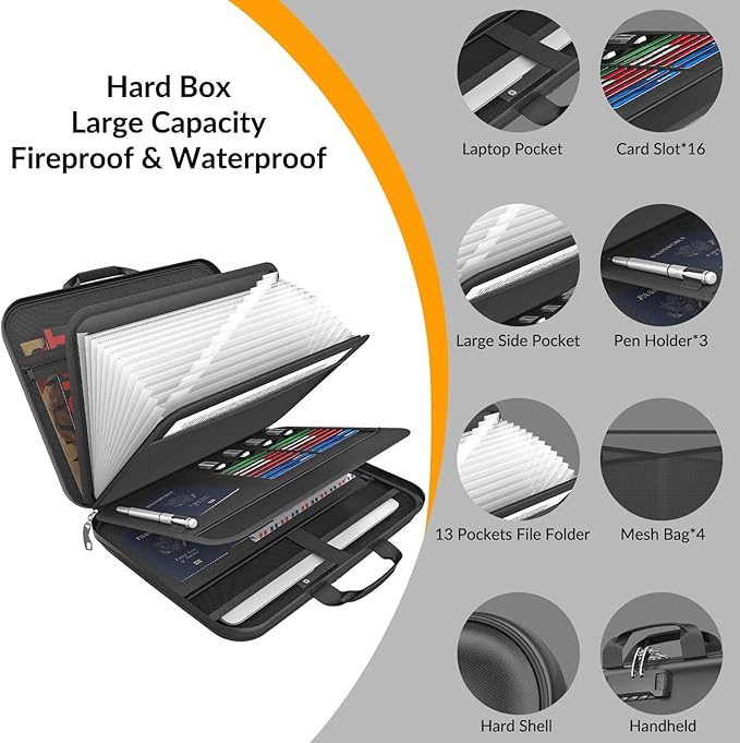 Hard Case Fireproof Document Box, Important File Organizer with Lock Waterproof Zipper, Portable Home Office Travel Storage Accordion Folder for Letter A4 Laptop Files