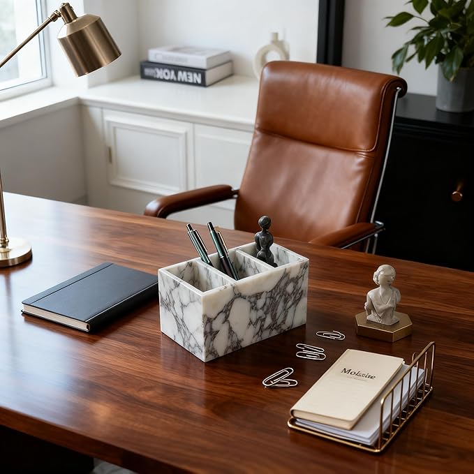 Natural Marble 3-Tier Organizer Box - Multi-Purpose Desktop Storage for Office Supplies, Kitchen Utensils, Makeup Brushes & Bathroom Essentials