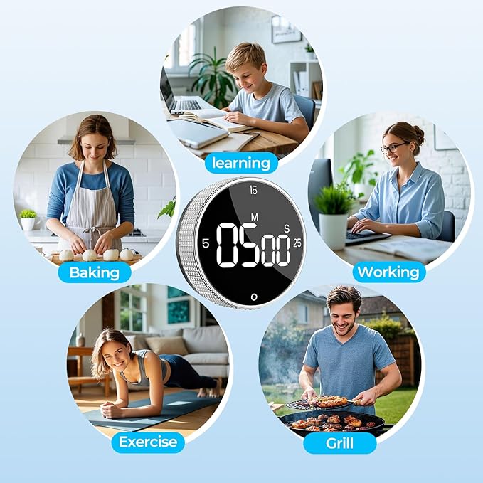 USB Rechargeable Magnetic Kitchen Timer for Cooking, Building 800mAh Battery Large Display Digital Countdown Timer, 3 Preset 5/15/25 Mins Loud Alarm for Baking Grilling Studying - Silver