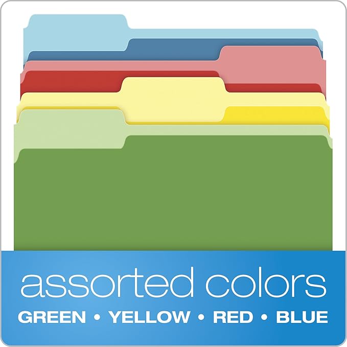 Pendaflex Two-Tone Color File Folders, Letter Size, Assorted Colors (Bright Green, Yellow, Red, Blue), 1/3-Cut Tabs, Assorted, 360 Pack (03086), 4-Color