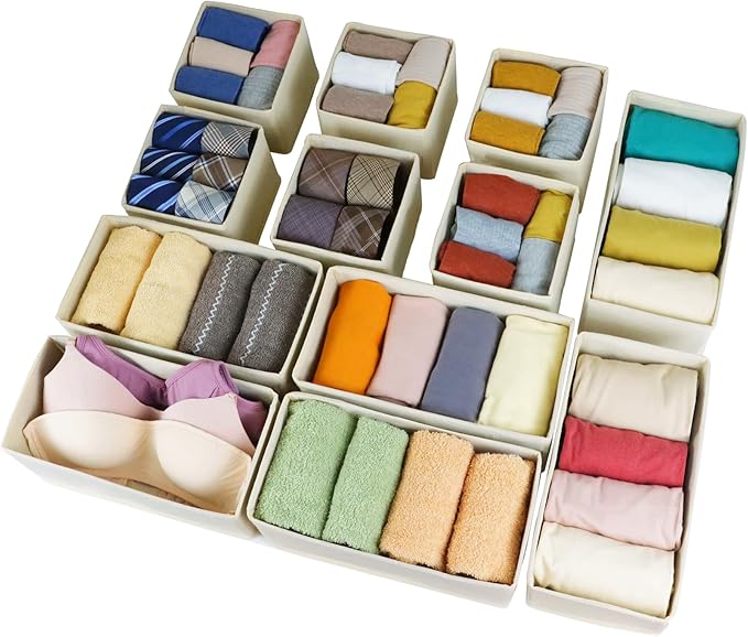 Drawer Organizer Clothes, Foldable Fabric Dresser Organizer Closet Organizers and Storage Box for Underwear,Folded Clothes,Baby Clothing,Socks,Bra,Towels,Ties(6M+6S,Beige)