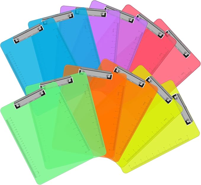 Plastic Clipboards, PANDRI 12 Pack Clear Colored Clipboards, Low Profile Clip Board 12.5 x 9 Inch Standard Letter Size, Office Supplies Classroom