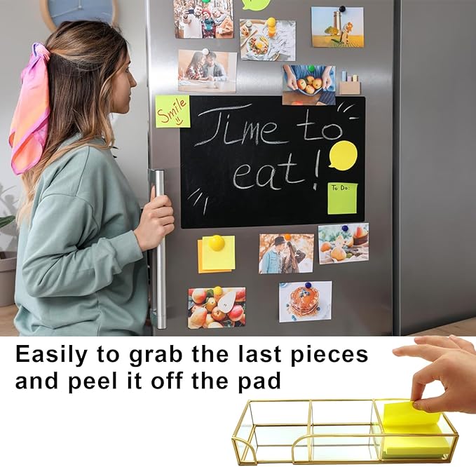 3 x 3 Inch Sticky Note Holder Gold Glass Post It Note Dispenser, 3 Slot Sticky Note Dispenser, Stylish Post It Holder for Home Office Desk Decor