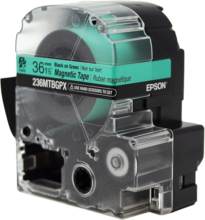 Epson LABELWORKS 236MTBGPX-4.9 Genuine Magnetic Tape Cartridge - Black on Green Magnet Label Maker Tape - 1.5" (36MM) Wide, 4.9 ft, Green