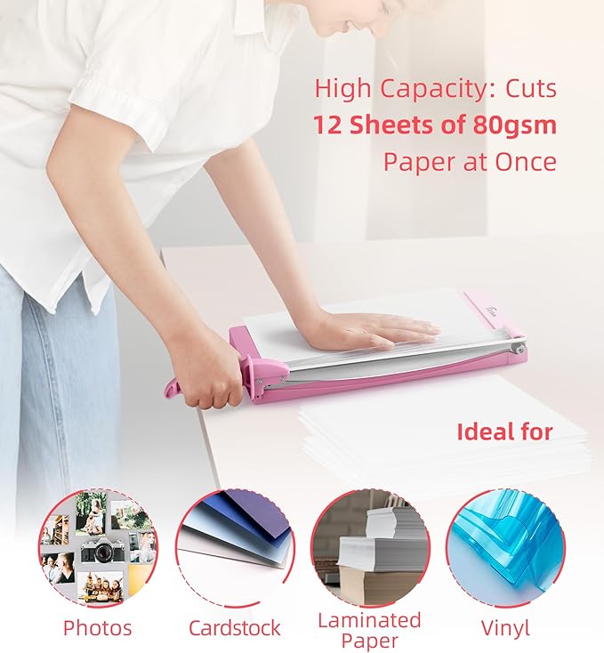 Firbon 12" Guillotine Paper Cutter with Hidden Ruler, Compact Heavy Duty 12-Sheet Capacity Trimmer for Cardstock, Photos, Scrapbooking, Office, Classroom, Studio (Pink)