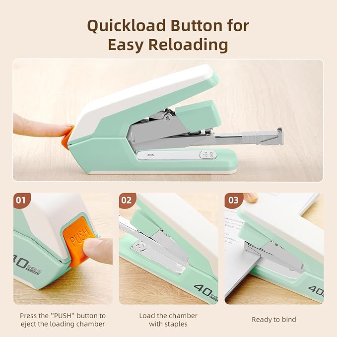 Deli Effortless Desktop Stapler, Heavy Duty Stapler, 40-50 Sheet Capacity, One Finger, No Effort, Includes 1500 Staples & Staple Remover, Green