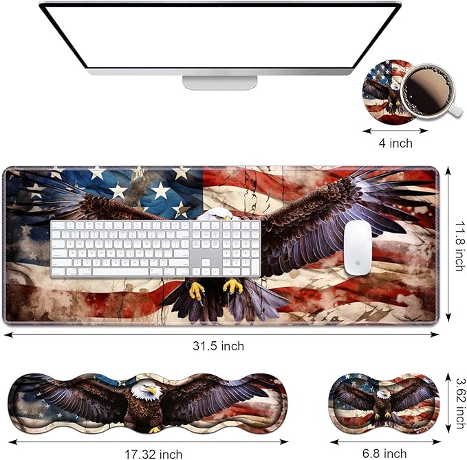 Ergonomic Keyboard Wrist Rest & Mouse Pad Wrist Rest Set,Large XXL Gaming Desk Mat 31.5"x 11.8" with Memory Foam,Easy Typing Pain Relief for Office & Home,Vintage USA Flag American Patriotic Eagle