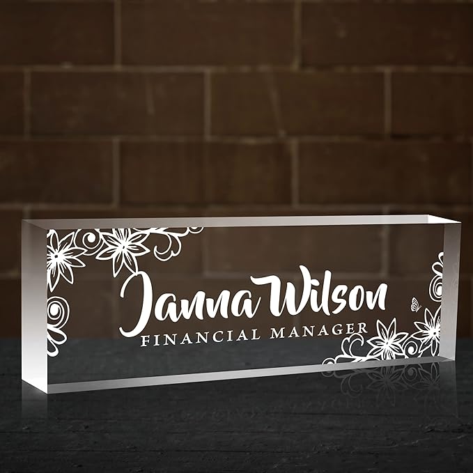 Name Plate for Desk, Premium Clear Plates Engraved Acrylic Desk Name Plate, Desk Name Plate Personalized, Custom Office Decor for Women or Men Coworkers, Boss, Employee, Teacher (Engraved 3)