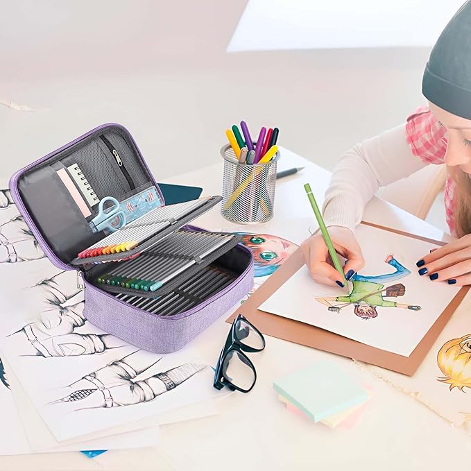 BTSKY® High Capacity Zipper Pens Pencil Case- Multi-Functional Stationery Pouch 72 Slots Colored Portable Pencil Bags With 2 Removable Sleeves(Purple)