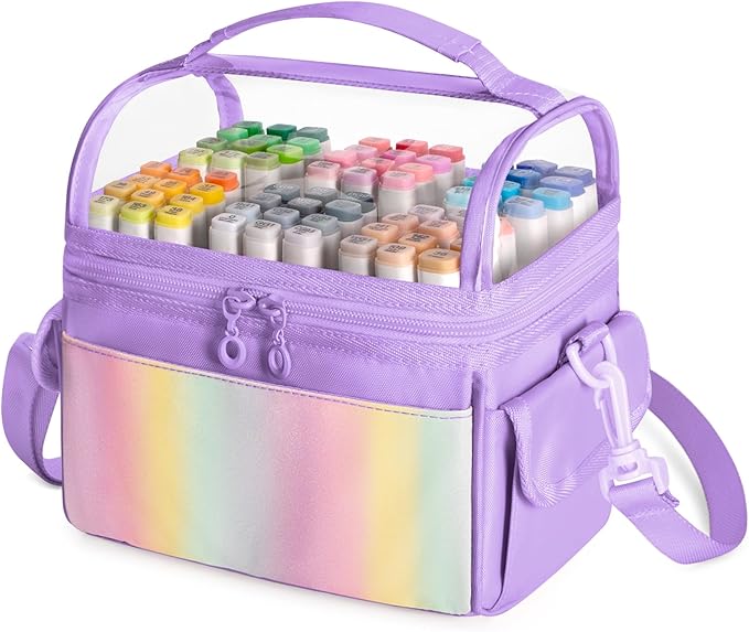 Marker Organizer Case for up to 72 Markers, Marker Storage Bag with Detachable Divider and 3 Extra Pockets, PVC Top Easy Find Your Need, Handle and Shoulder Strap, Purple (Case Only)