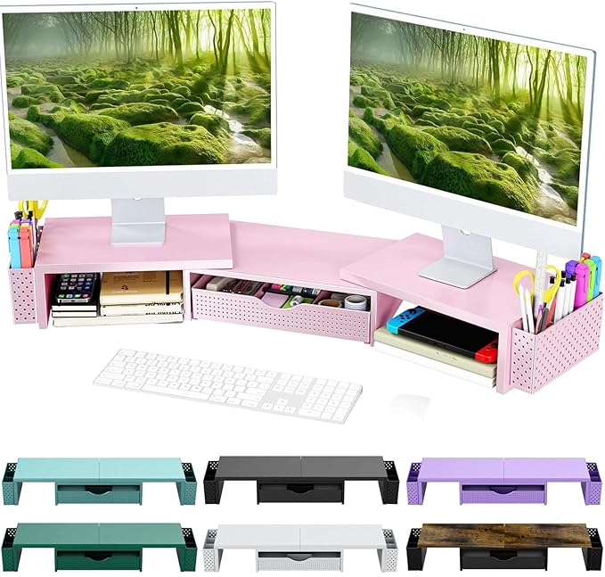 Spacrea Metal Desk Organizers and Accessories, Dual Monitor Stand Riser with Drawer and 2 Pen Holders, Desk Accessories & Workspace Desktop Organizers for Office Supplies (Pink)