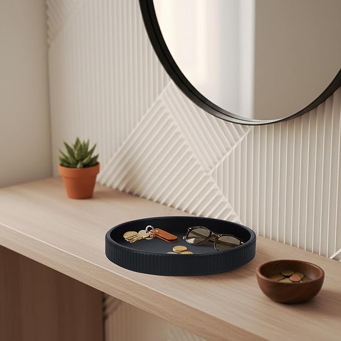 HofferRuffer Round Decorative Tray, Faux Leather Vanity Tray Decor, Decorative Catchall for Perfume, Bathroom Valet, Nightstand or Dresser, 12 x 12 x 1.6 inches (Black Stripe)