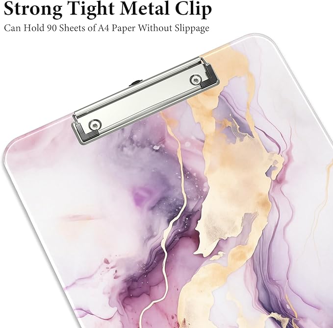Rimilak Plastic Clipboards with Metal Clip, A4 Letter Size 9 x 12.5 in, Office Decorative for Students Women Men and Kids, Cute Custom Pattern, Purple Gold Marble