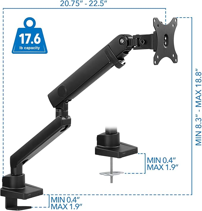 Mount-It! Single Monitor Arm Mount | Premium Monitor Desk Stand | Articulating Mechanical Spring Arm | Fits 24 27 30 32 Inch VESA 75 100 Compatible Computer Screen | C-Clamp and Grommet Bases