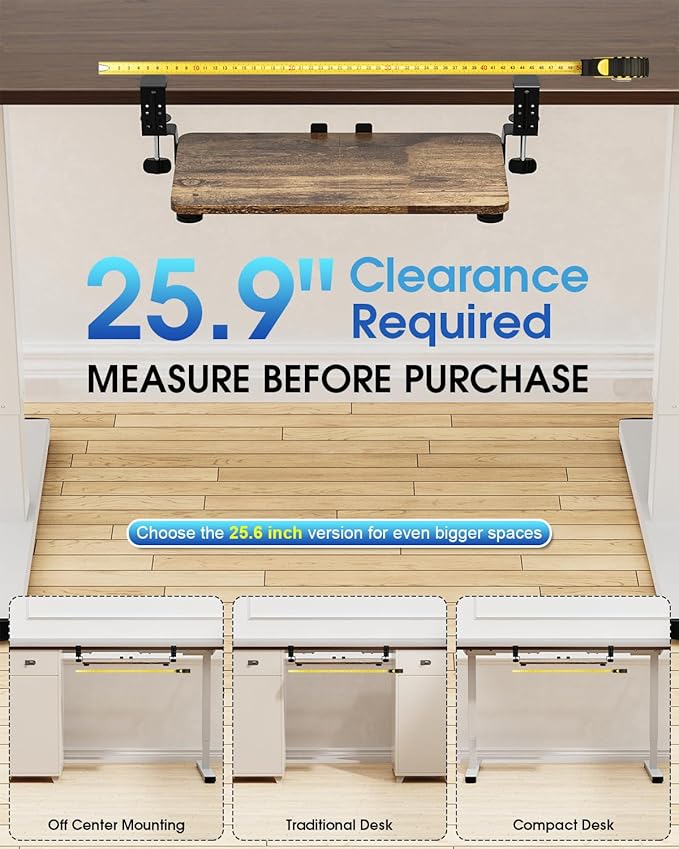 Small Keyboard Tray Under Desk, Pull Out Keyboard & Mouse Tray with Adjustable C-clamp, 20(25.9 Including Clamps) x 11.8 Inch Slide Out Computer Keyboard Drawer Mouse Tray for Typing, Brown