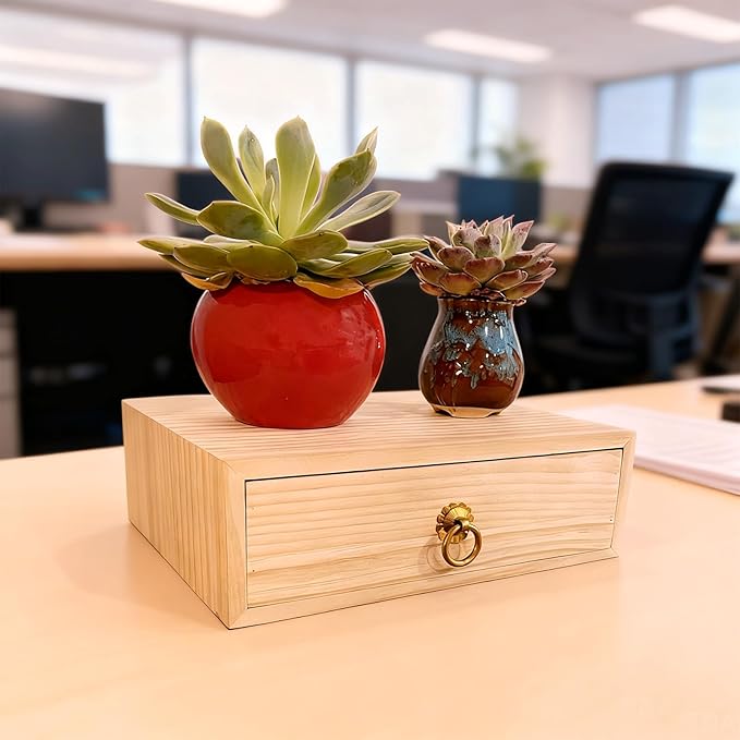 Natural Wooden Storage Box Desk Drawer Single Wood Cabinet Organizer Drawer Tabletop Storage Organization Box with Metal Handle for Desk Home Office Counter Craft Decor (1 Drawer)