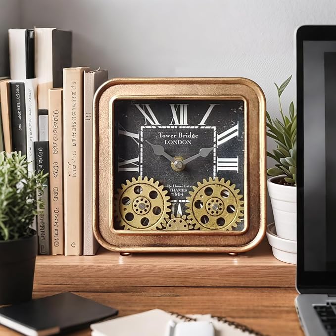 Vintage Desk Clock, 6 inch Metal Table Clocks with Moving Gears, Small Silent Non Ticking Industrial Steampunk Quartz Shelf Clock for Home Office Living Room Desk Decor Battery Operated (GOLD)