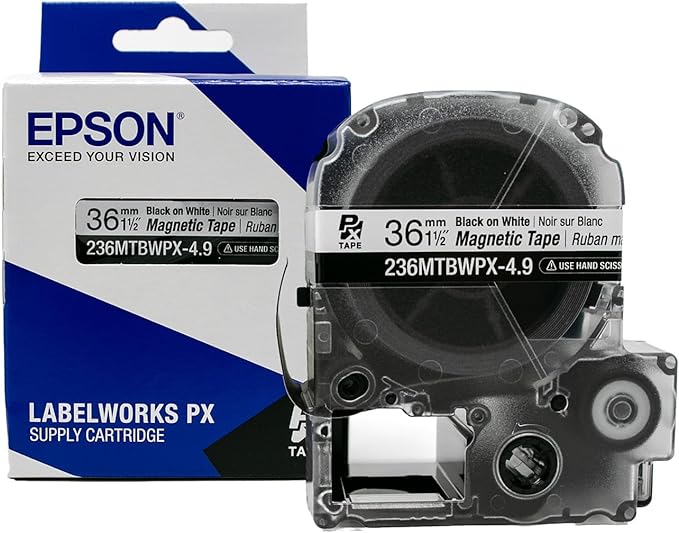 Epson LABELWORKS 236MTBWPX-4.9 Genuine Magnetic Tape Cartridge - Black on White Magnet Label Maker Tape - 1.5" (36MM) Wide, 4.9 ft, White