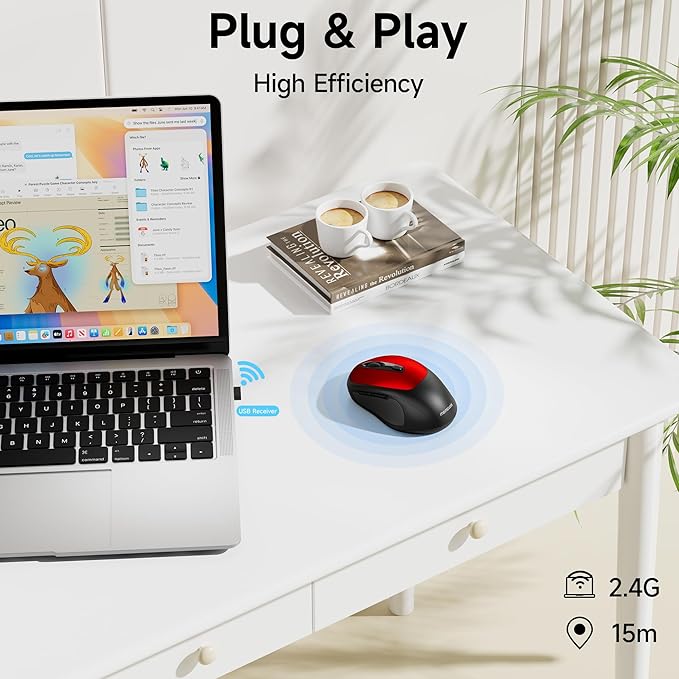 memzuoix Wireless Mouse, 2.4GHz Nano Receiver, 3 DPI Levels (800/1200/1600), 6 Buttons, Compatible with PC/Mac/Laptop - Red