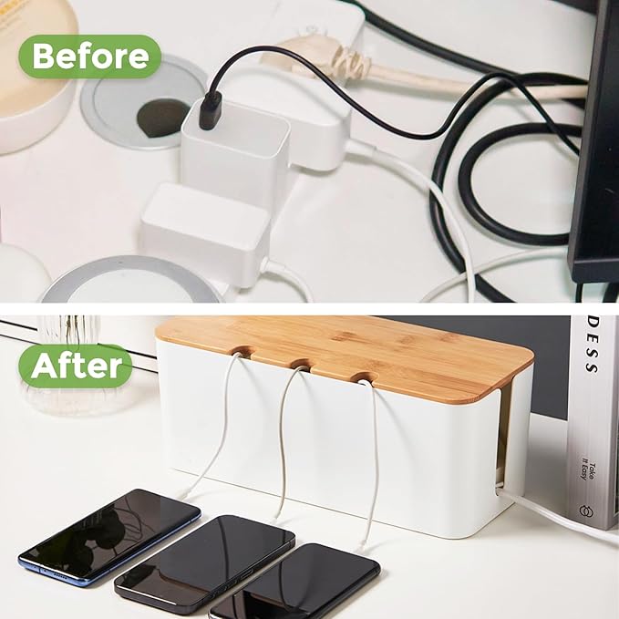 Cable Management Box 2 Pack, Cord Cable Organizer Box with Bamboo Lid, Under Desk Cable Management with 10 Cable Ties and 2 Cable Clip Holders for TV Router Computer USB Hub