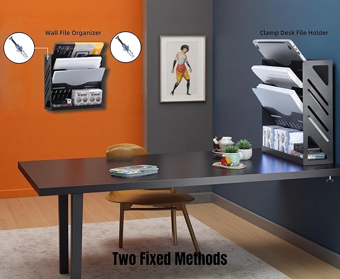 Clamp Desktop File Organizer Shelf for Office 13 Inch Wall Paper Holder Black Hanging Mail Folders, 4 Tier