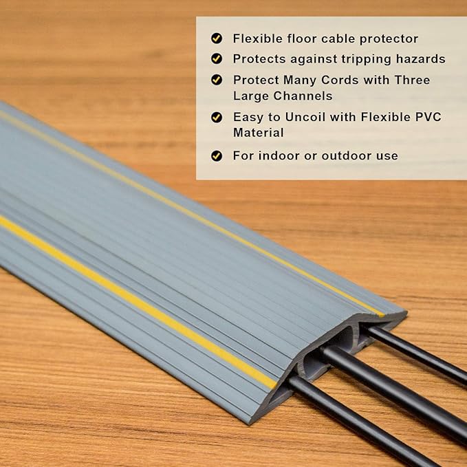 AGPTEK Heavy Duty Floor Cable Cover Cable Protector, 6.5 Ft Floor Cord Protector 3 Channels Floor Cord Cover (Mid Channel 0.93") Contains Cords, Cables and Wires, Good for Office, Home, or Outdoor