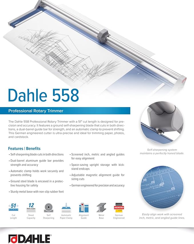 Dahle 558 Professional Rotary Trimmer, 51" Cut Length, 12 Sheet Capacity, Self-Sharpening, Dual Guide Bar, Automatic Clamp, German Engineered Paper Cutter