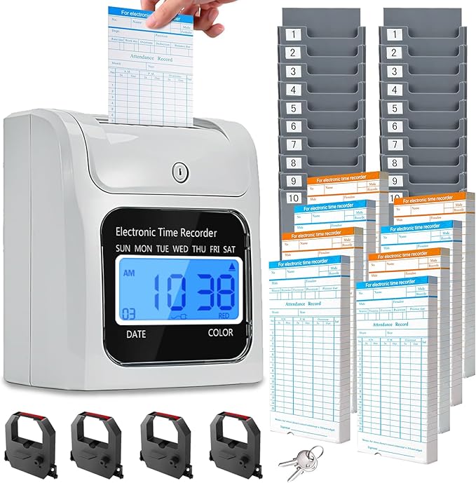 TooCust Time Clock Bundle with 400 Time Cards, 4 Ink Ribbons, 2 Ten-Slot Time Card Racks, & 2 Security Keys, Auto-Align Time Clocks for Employees Small Business