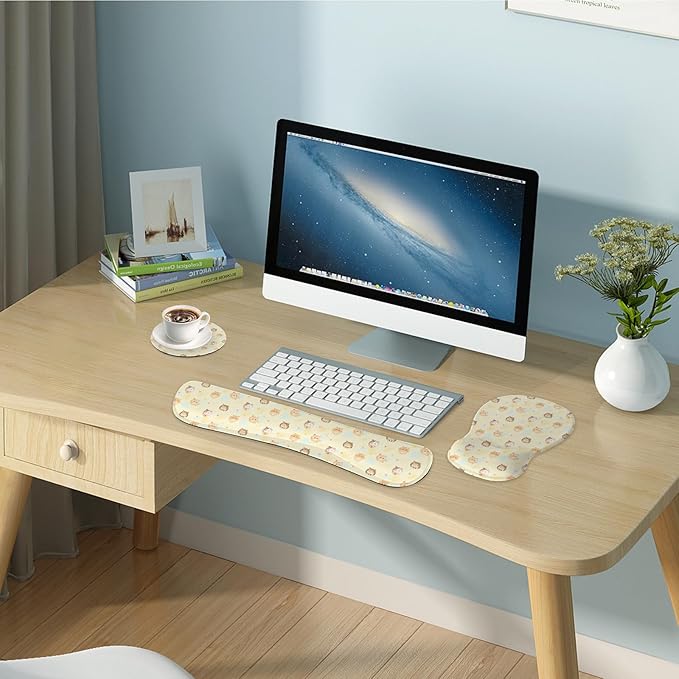 Wrist Rest Support for Mouse Pad Keyboard Set Circle Coaster Gaming Mouse Pad Ergonomic Gel Memory Foam Set for Computer, Laptop, Office, Pain Relief, Comfortably Typing Cat KM-35