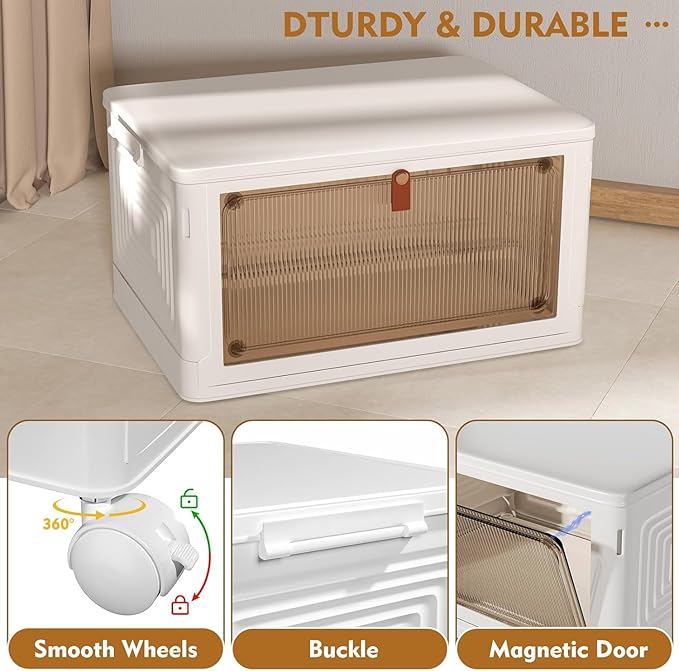 4 Tier Plastic Storage Bins with Lid 23QT, Stackable Storage Containers with Wheels, Folding Storage Boxes, Collapsible Storage Bins, Closet Organizers and Storage for Living Room