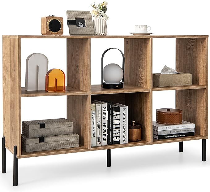 Giantex 6 Cube Bookcase, 3-Tier 47" Long Wood Bookshelf w/ 5 Metal Legs, Adjustable Shelf, Anti-toppling Device, 31.5" Tall Floor Open Shelf Bookcase, Freestanding Wooden Cube Storage Shelves