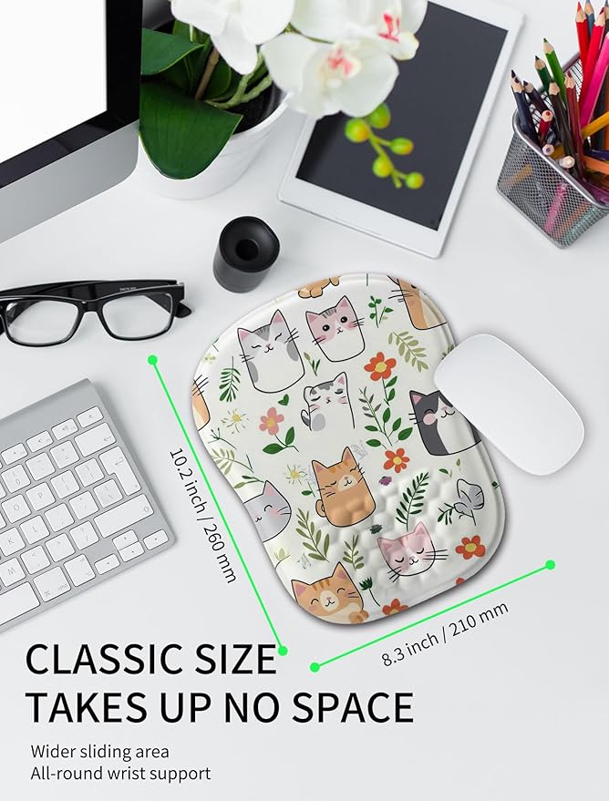 Hokafenle Ergonomic Wrist-Hugging Mouse Pad Wrist Support, U-Shaped Holding Wrist Rest Mousepad for Carpal Tunnel Pain Relief with Cushioned Memory Foam Slope Massage Bulge (10.2x8.3 in,Cute Cat)